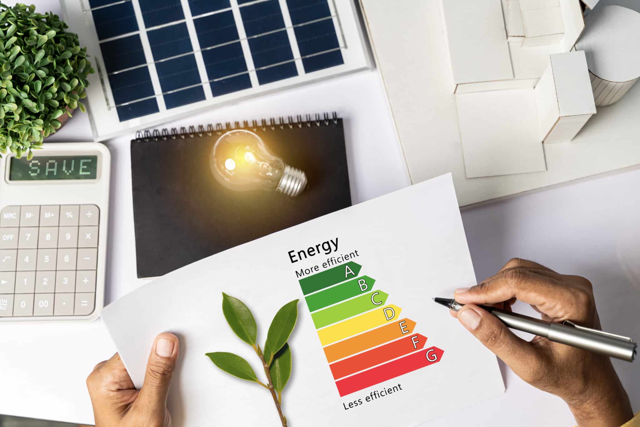 Energy audit and energy efficiency concept featuring a tabletop energy efficiency graph with a house diagram, calculator, and solar panels.