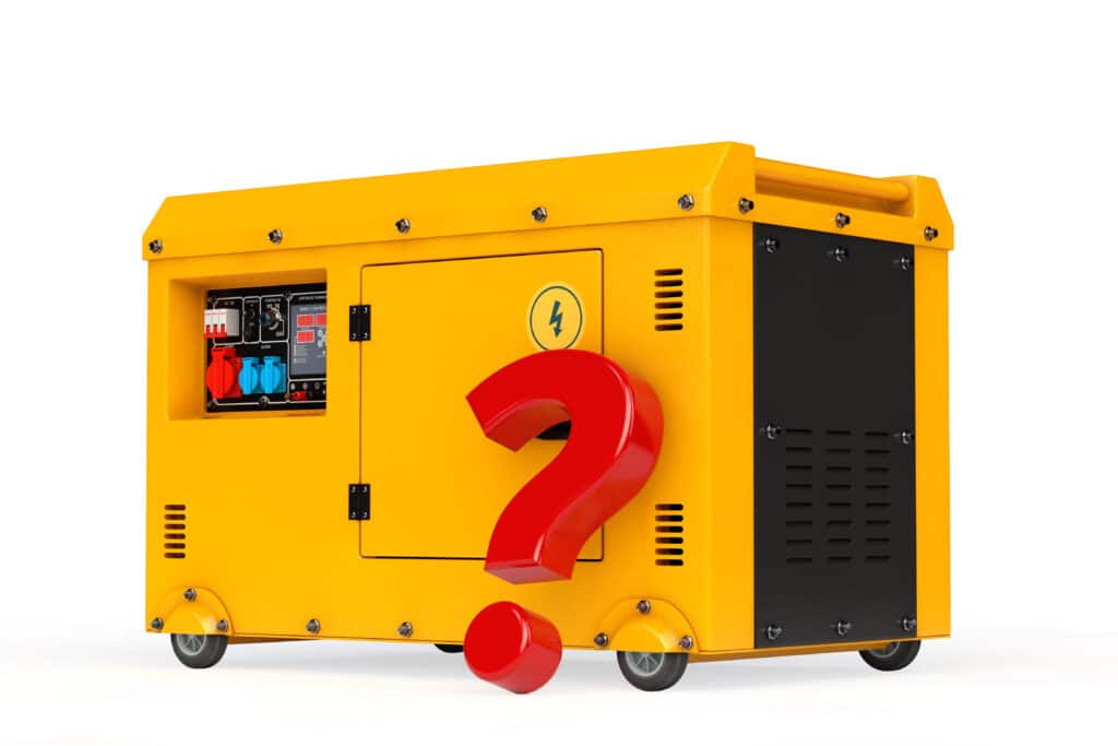 Big yellow outside auxiliary electric power generator diesel unit for emergency backup power solutions, with a red question mark on a white background.