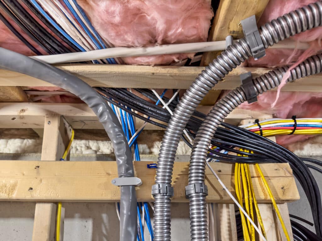 Electrical and network wiring in utility room.